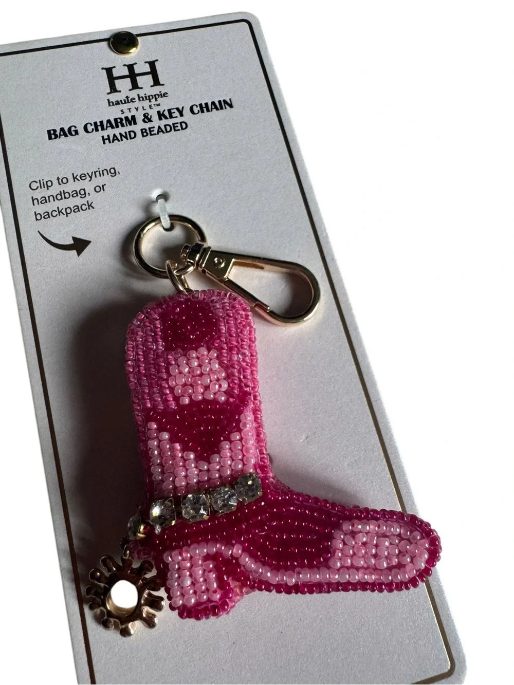 Haute Hippie Pink Beaded Cowboy Boot Bag Charm Key Chain